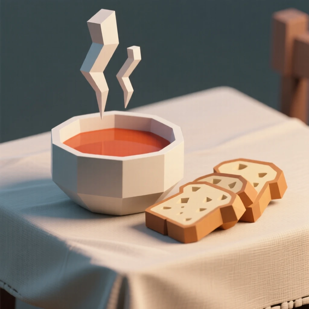 A warm bowl of tomato soup with crusty bread, on a linen tablecloth set for breakfast. steam rises gently, adding a sense of freshness. There is an inviting, homey atmosphere.
