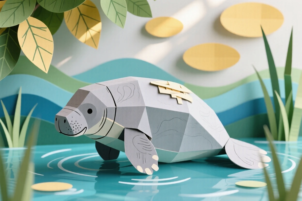 A gentle manatee grooming itself in dappled sunlight, with soft golden light catching its fur, capturing the wonder of the natural world.