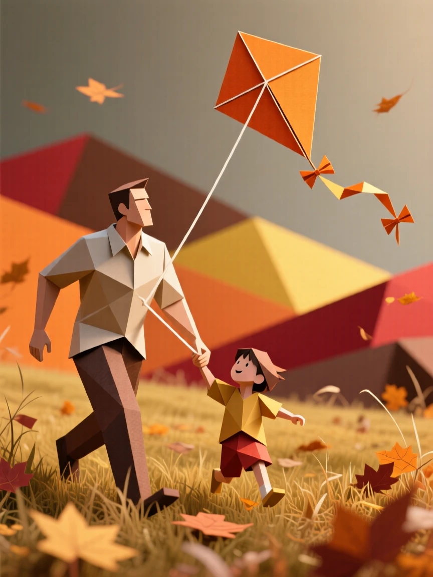 A father and child flying a kite together in a windy autumn field.