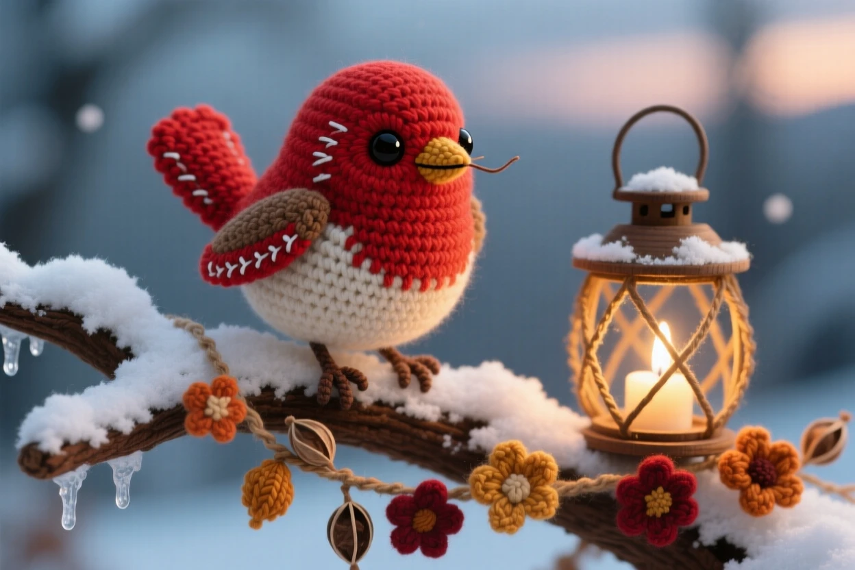 a cheerful winter robin perched on a snowy branch, with bright red plumage, singing softly in the crisp morning air, set in a lantern-lit harvest festival at dusk, with a garland of dried flowers, full of nostalgic, storybook seasonal charm.