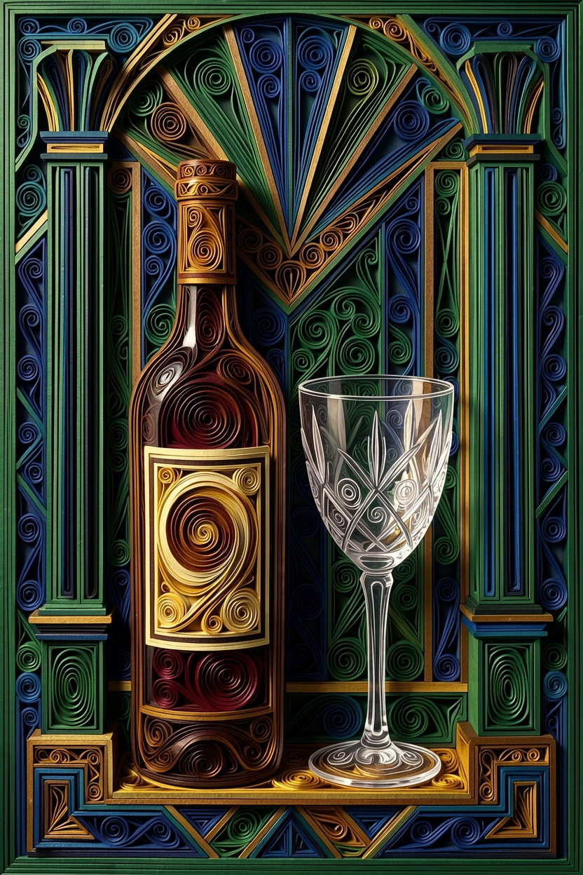 a bottle of vintage wine beside a crystal glass, in an elegant art deco lobby, framed with rich, deep shadows for contrast, in deep jewel tones of emerald and sapphire.