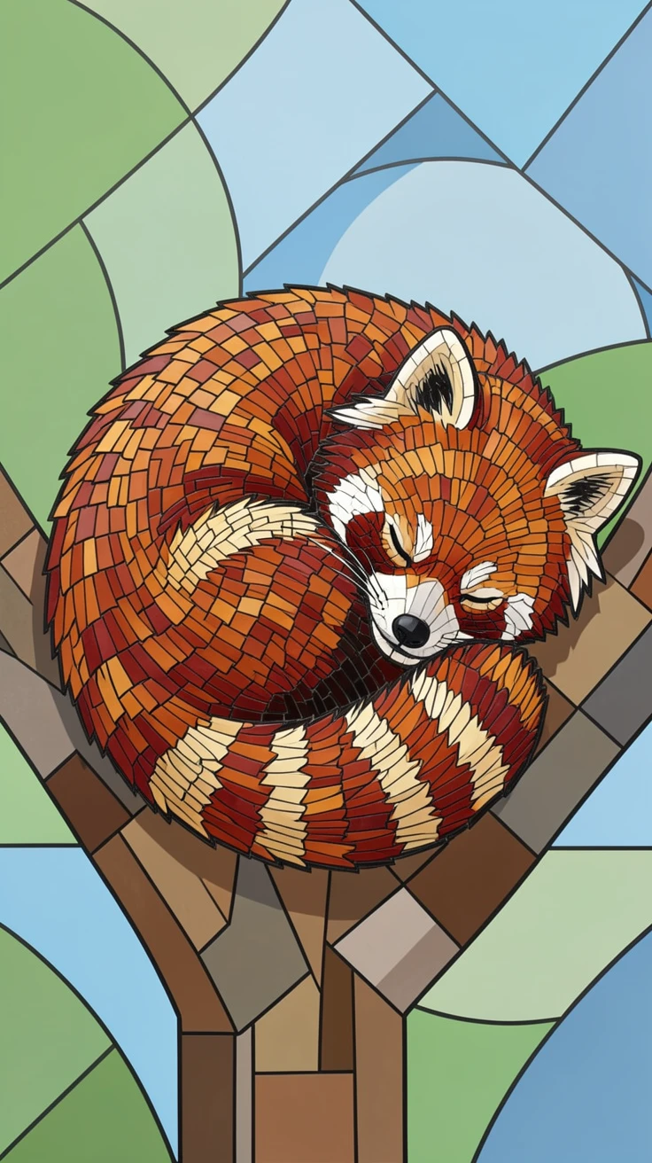 A close-up portrait of a red panda curled up asleep in a tree fork, showing rich fur or feather detail and expressive eyes.