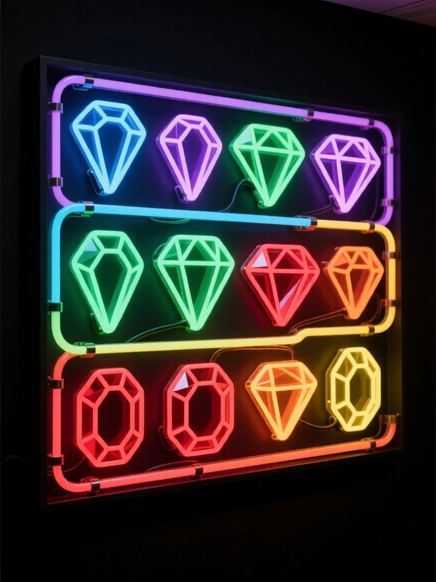 A tray of polished gemstones sorted by hue.