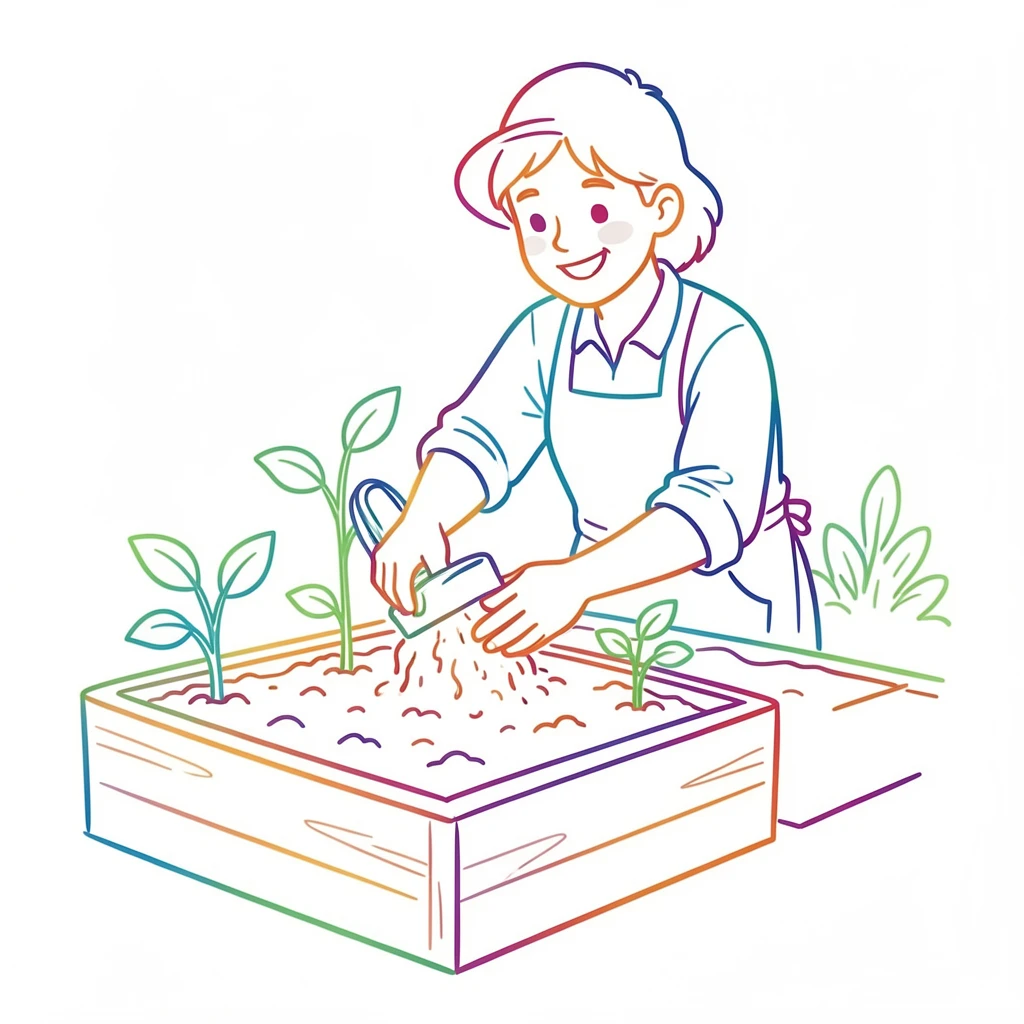 A gardener transplanting seedlings into raised garden beds.