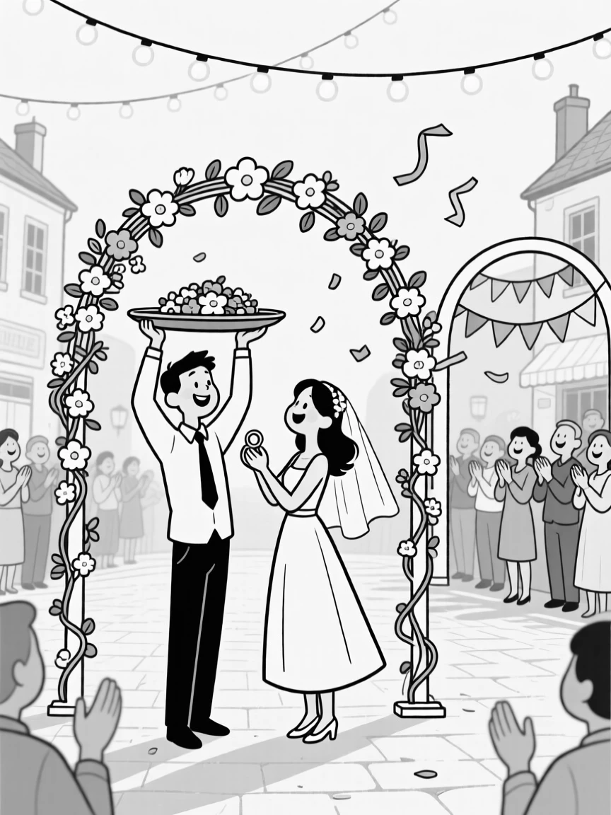 A couple exchanging rings under a flower-draped arch, carrying the tray high above the crowd with pride, set in a village square lit by string lights. Paper streamers flutter from a nearby archway. There's a deep sense of belonging and festivity in the air.