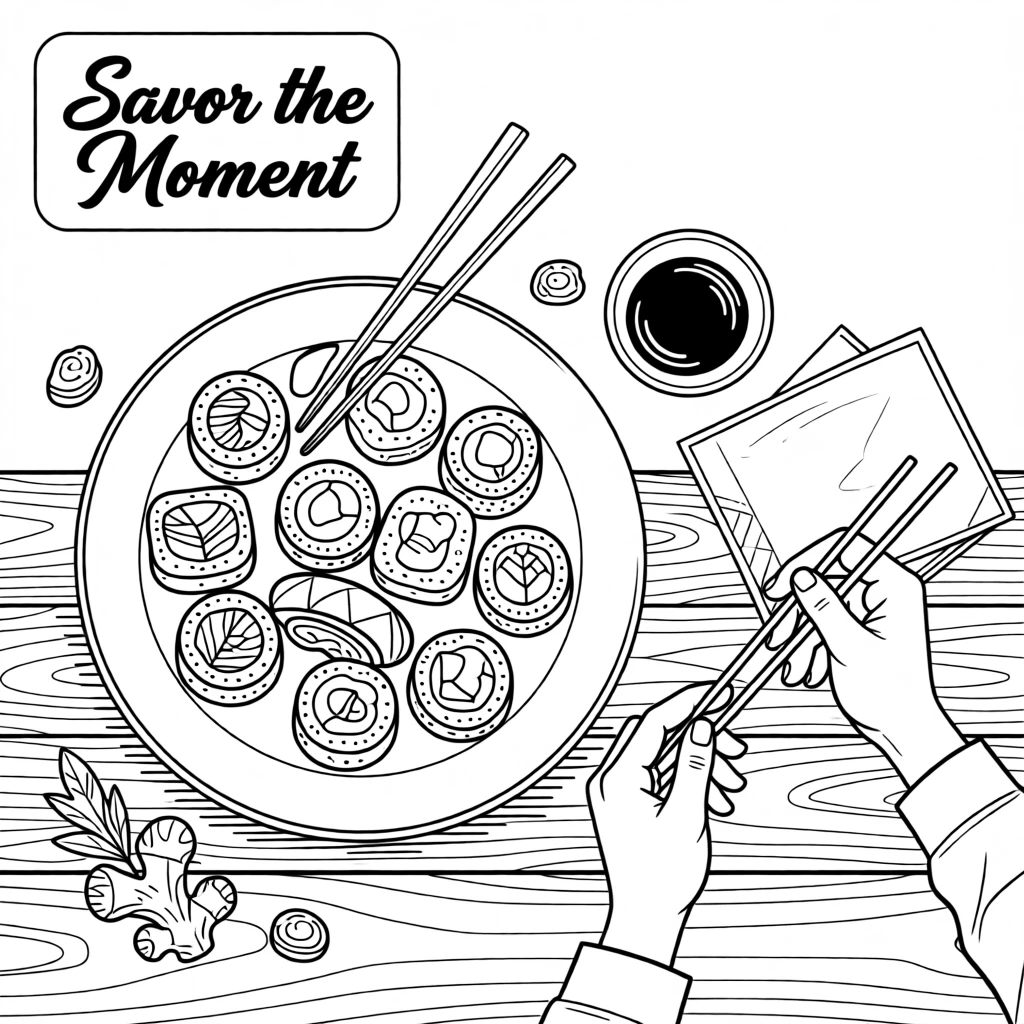 A plate of sushi rolls arranged with chopsticks, arranged on a rustic wooden table.