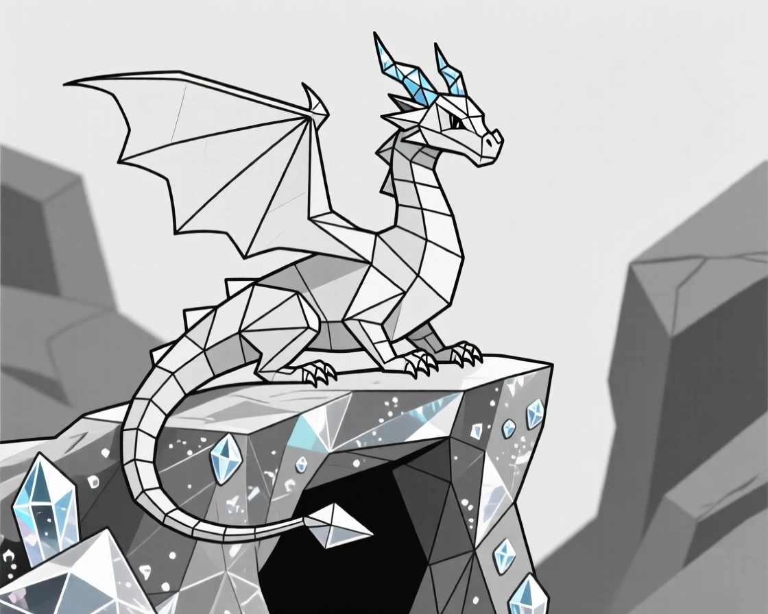 A crystal dragon perched atop a glittering cave