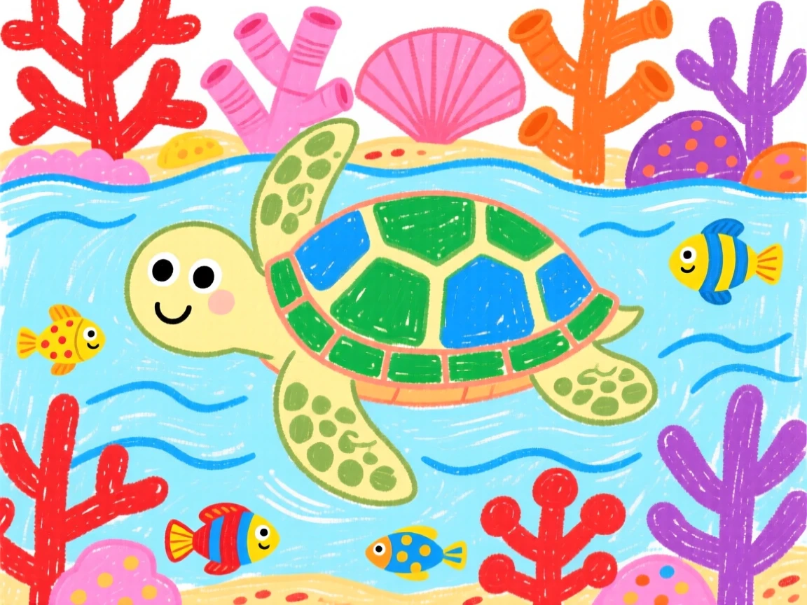 A gentle sea turtle swimming through a coral reef.