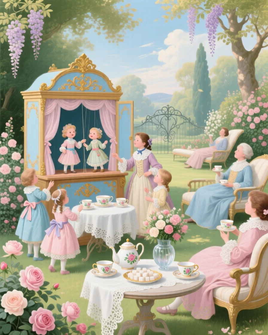 A garden tea party where children stage a puppet show  