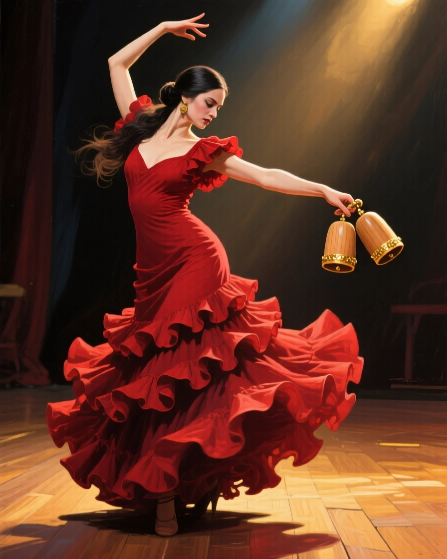A graceful flamenco dancer strikes a dramatic pose mid-performance, red dress swirling as castanets click beneath dramatic stage lighting, the moment feeling candid and intimate rather than posed or staged.
