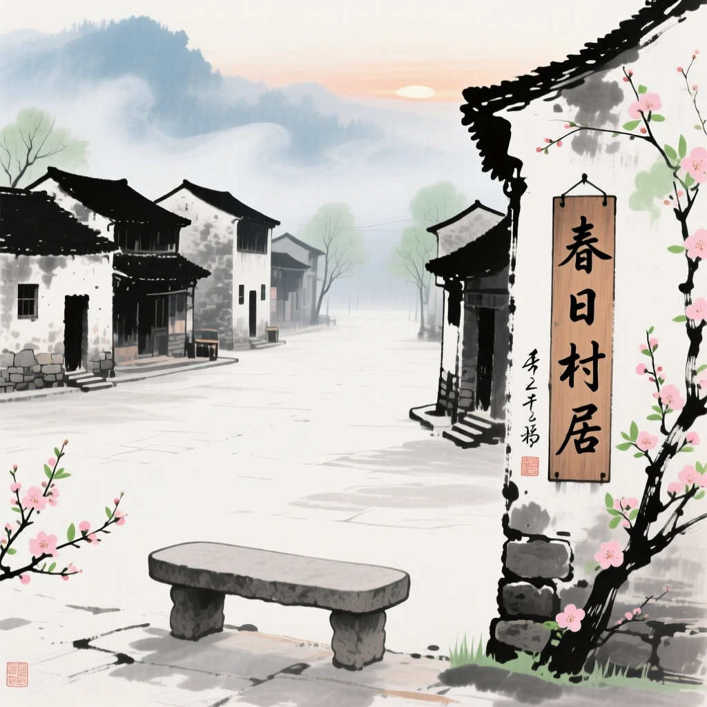 A quiet village square lined with old stone houses, through swirling morning fog, as spring blossoms unfold.
