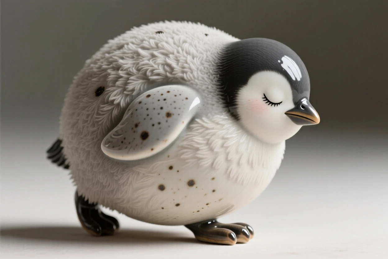 A round-bodied baby penguin waddling forward curled up in a picture of sleepy contentment, dotted with tiny, delicate freckled markings, capturing a moment of pure childlike delight.