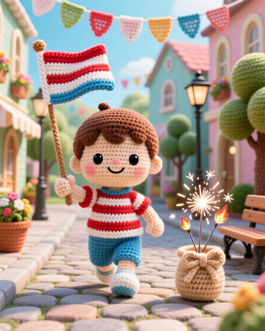 A festive scene of a small boy holding a small flag for a summer parade wearing a striped outfit, marching happily down Main Street within a cheerful town square decorated for a parade; a bundle of sparklers ready to light nearby, radiating playful delight in seasonal change.