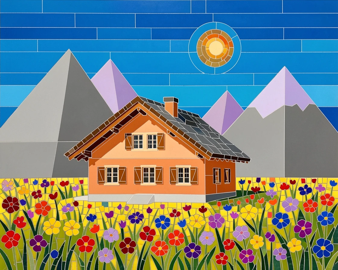 A quiet Alpine chalet surrounded by wildflower meadows in summer.