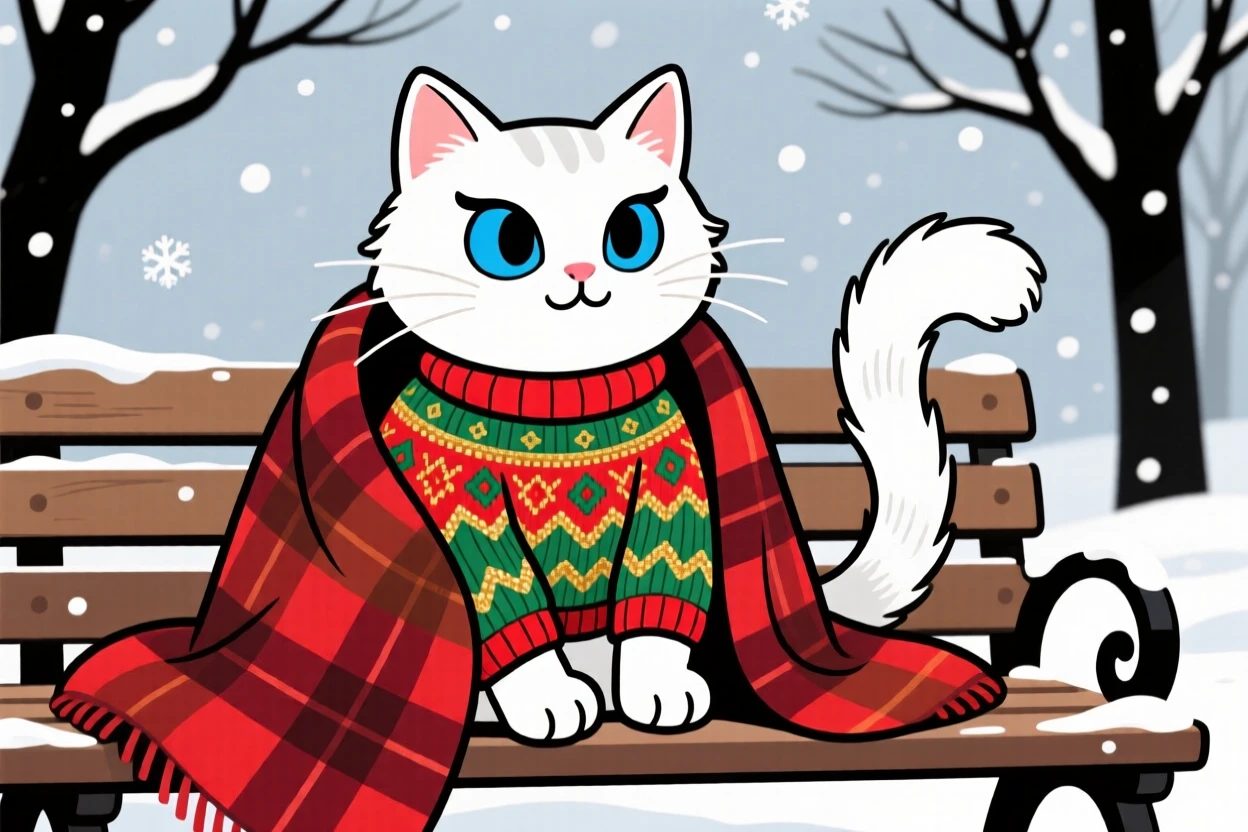 A playful pet moment featuring a regal white cat wearing a tiny knitted sweater on a chilly walk, wrapped in a cozy blanket.