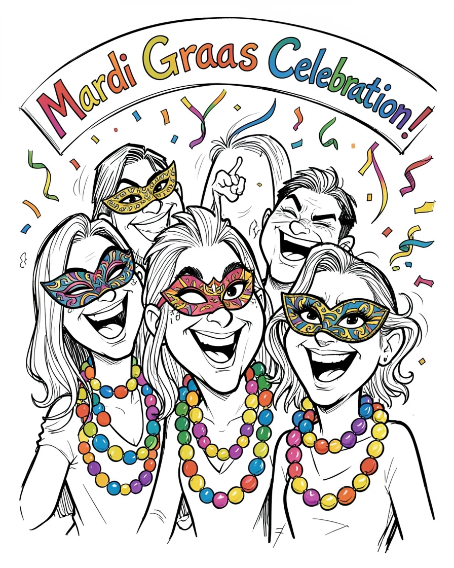 [Seasonal Holidays & Celebrations] Festive scene of friends celebrating Mardi Gras with colorful beads and masks, full of celebration and joy