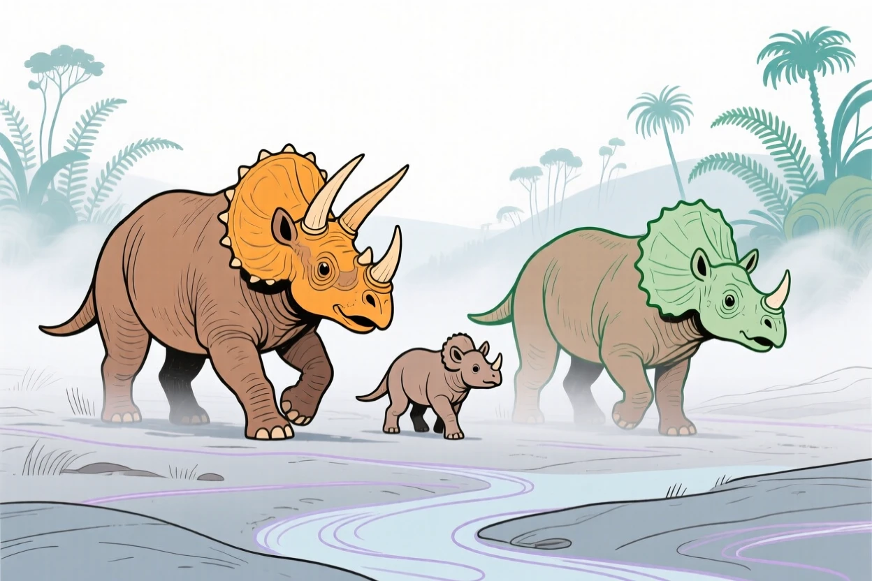 A Triceratops family walking through a misty prehistoric valley.