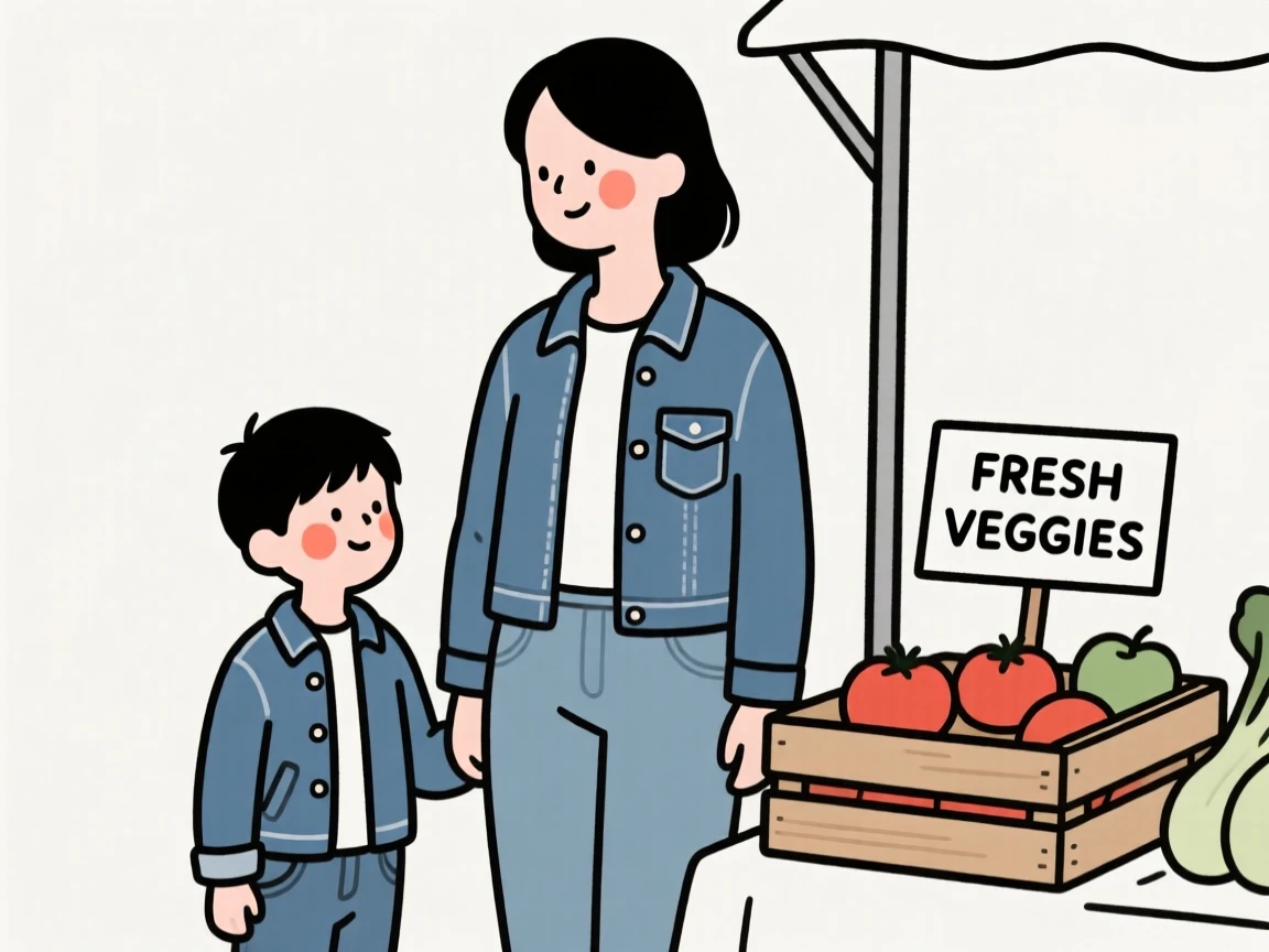 A mother and son in a denim jacket and jeans, at a countryside farmers market.