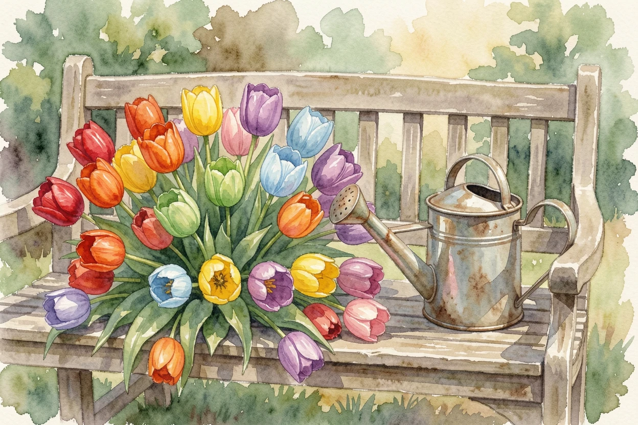 A bed of tulips in a rainbow of colors on a garden bench next to an antique watering can.