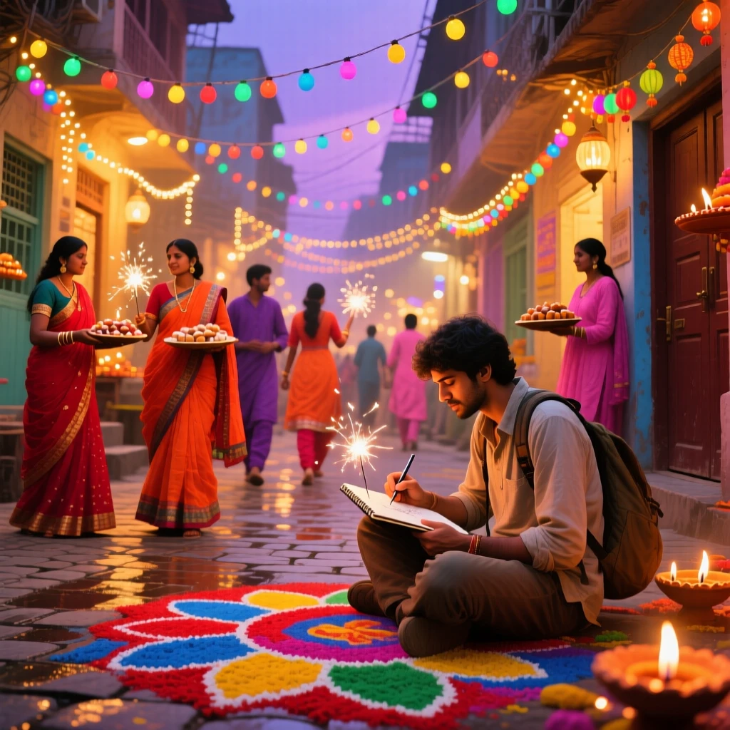 A solo traveler sits sketching in a small notebook amid a colorful Diwali celebration lighting up a street in India, capturing the wonder of discovering a new place.