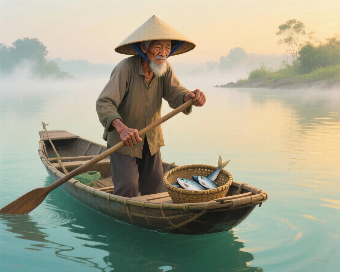 An elderly fisherman in Vietnam paddles a round bamboo boat through calm turquoise water at dawn, mist rising gently around him, the composition drawing attention to small, telling gestures that reveal character and mood.