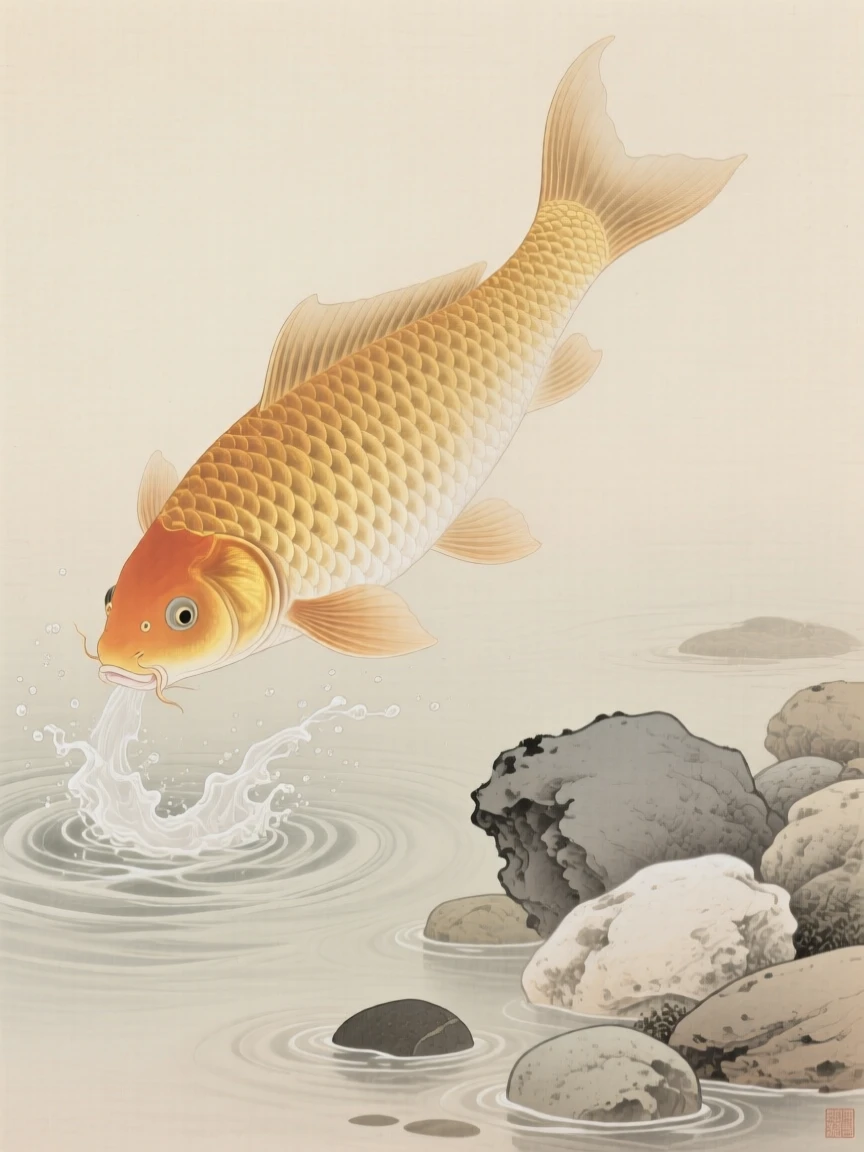 A single golden carp leaping from the water near a cluster of smooth river stones