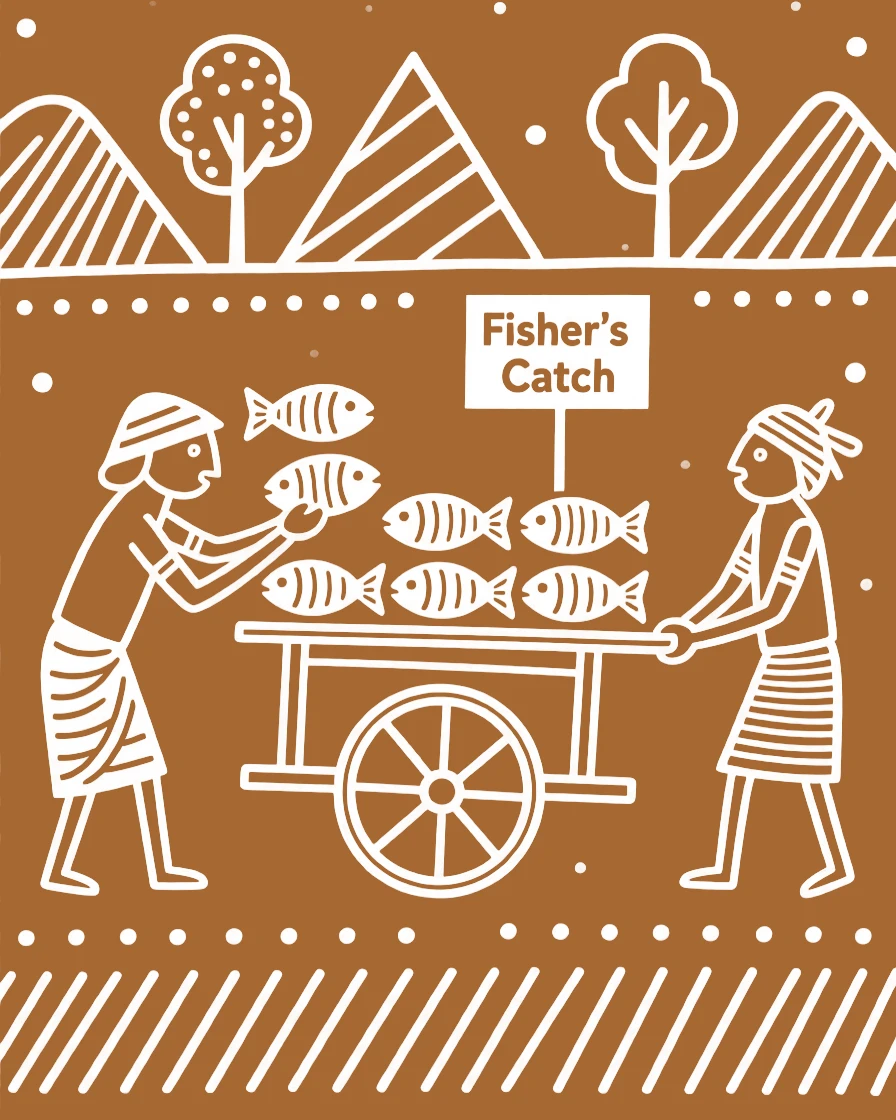 A fisherman loading a cart with the day's goods.