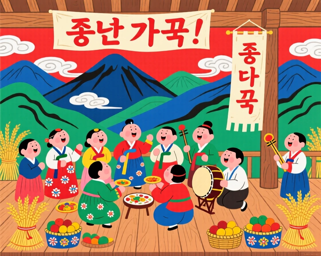 Villagers gathering for a harvest celebration, on a wooden veranda overlooking the mountains.