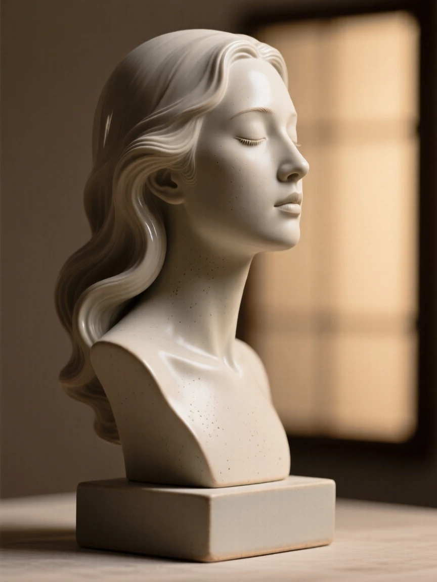 A graceful bust of a serene woman's profile displayed as a refined centerpiece, framed by soft ambient lighting, conveying calm, tasteful sophistication.