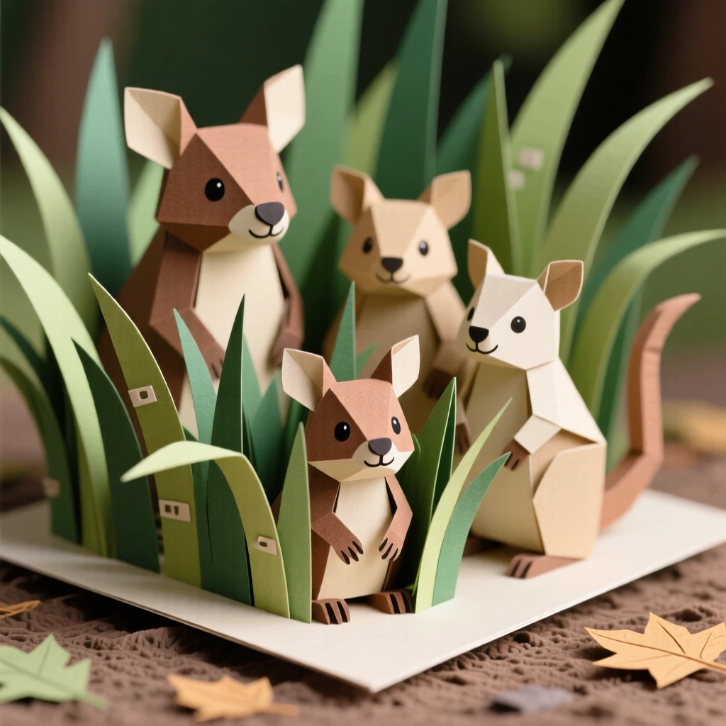 A tiny quokka peeking out from tall grass, with its family close by watching, evoking tenderness and family bonds.