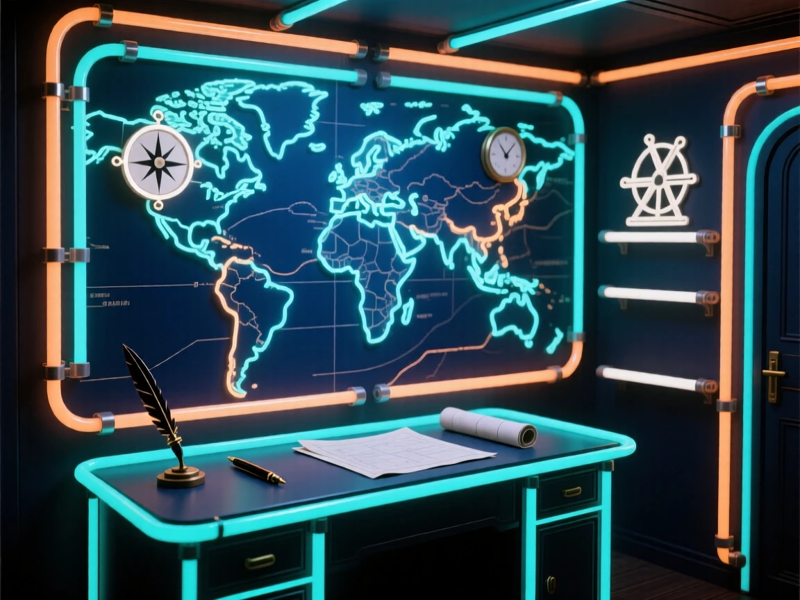 A ship captain's cabin lined with maps and navigational instruments.
