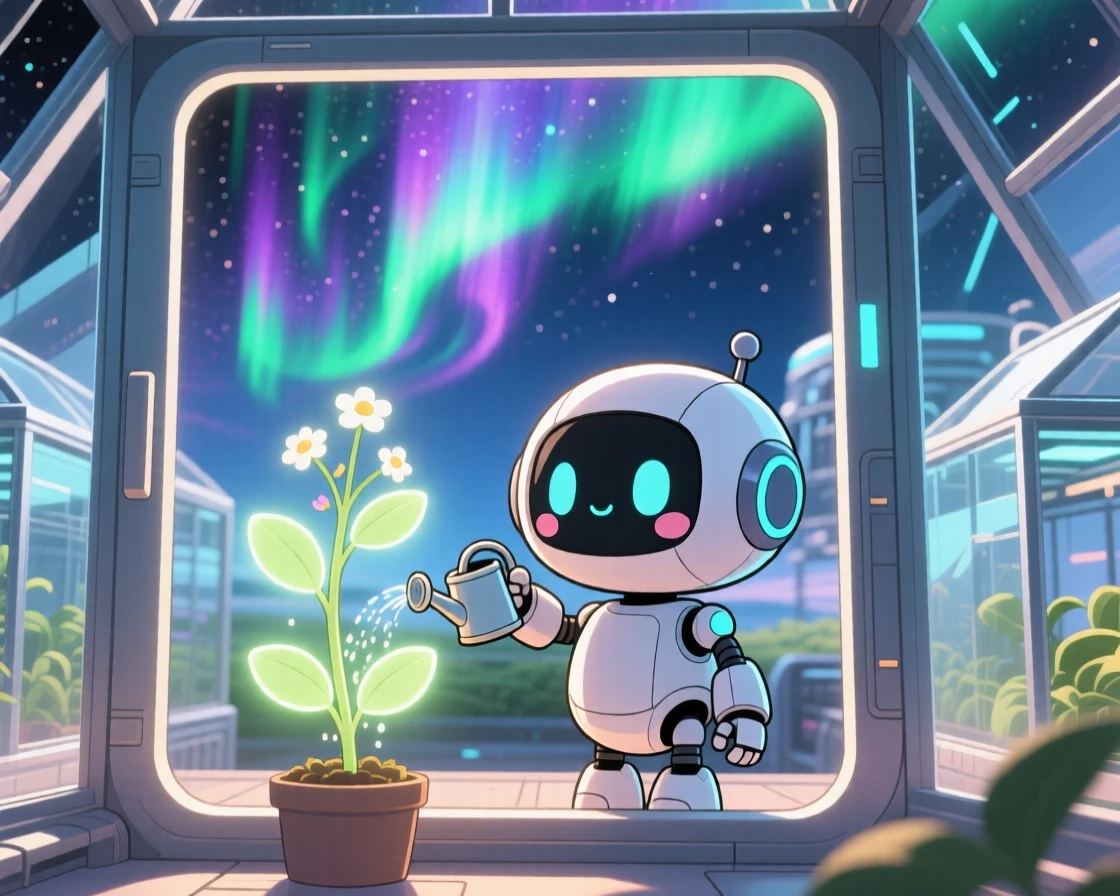 Framed through a window of a small robot, watering a glowing plant inside a space greenhouse, in a futuristic space station, beneath swirling aurora-lit skies, illuminated by warm morning light filtering through leaves, radiating shy bashfulness.