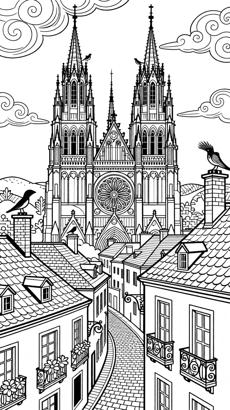 The spires of a grand cathedral rising above a European city's rooftops.