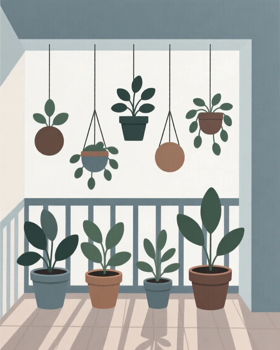 A balcony garden with hanging plants