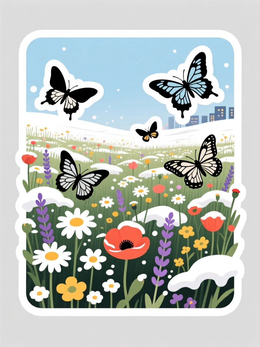 A majestic meadow full of wildflowers and butterflies, dusted with a light layer of fresh snow, far from any city lights.