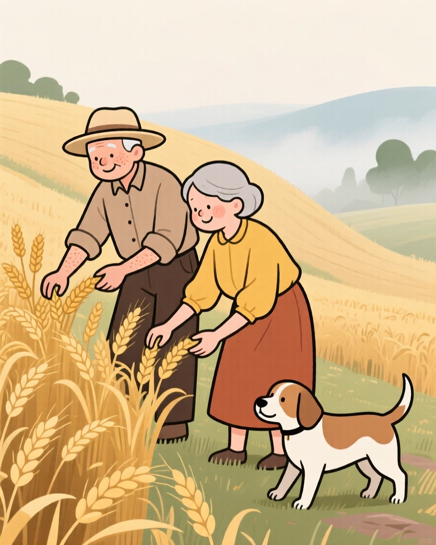A elderly couple tends rows of golden wheat on a hillside field as a lazy farm dog wander nearby and the morning mist begins to lift.