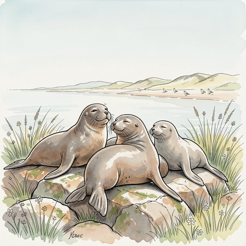 A group of seals basking together on sun-warmed rocks, the natural world carrying on undisturbed around them.