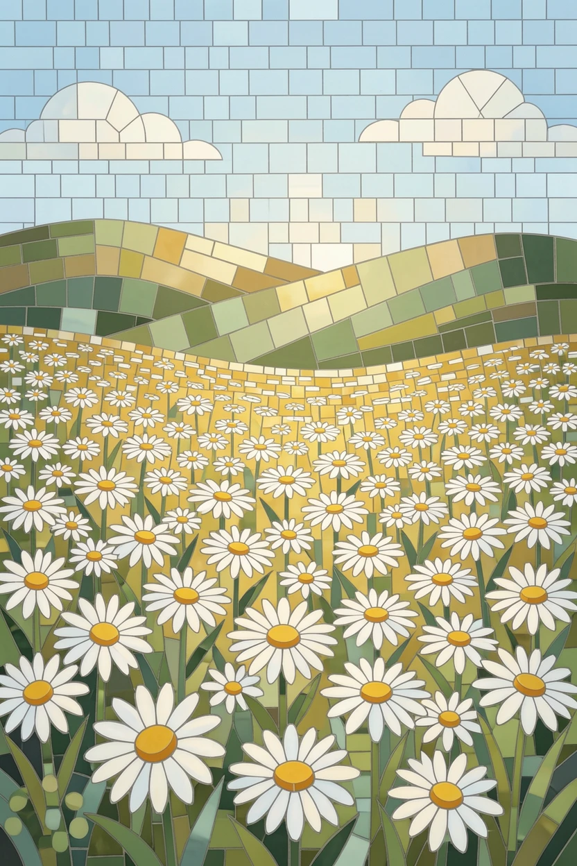 A field of daisies stretching toward distant rolling hills, with soft morning light and a gentle blur of background greenery.