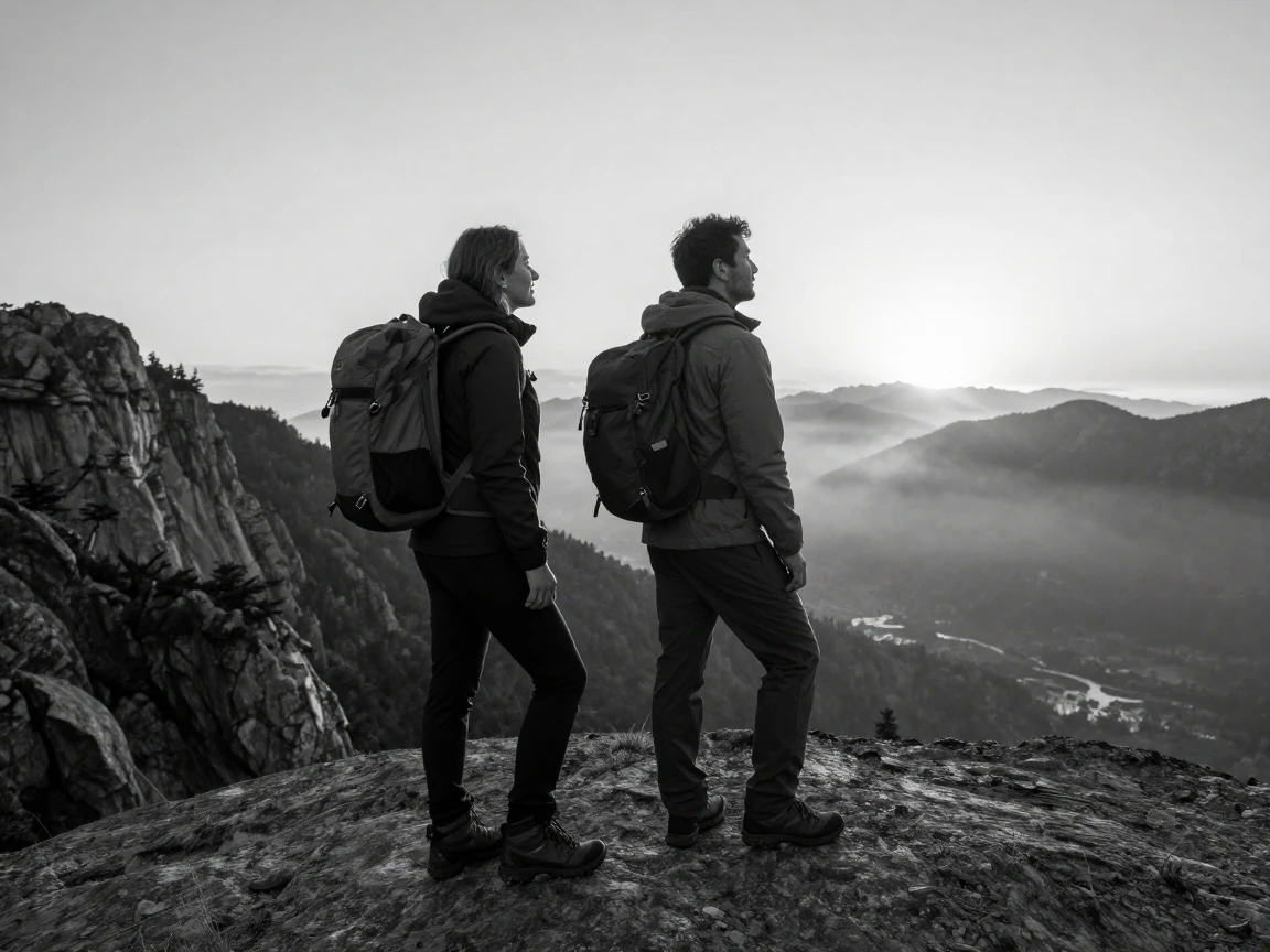 Two hikers who just met watch the sunrise together from a summit on a scenic mountain overlook.
