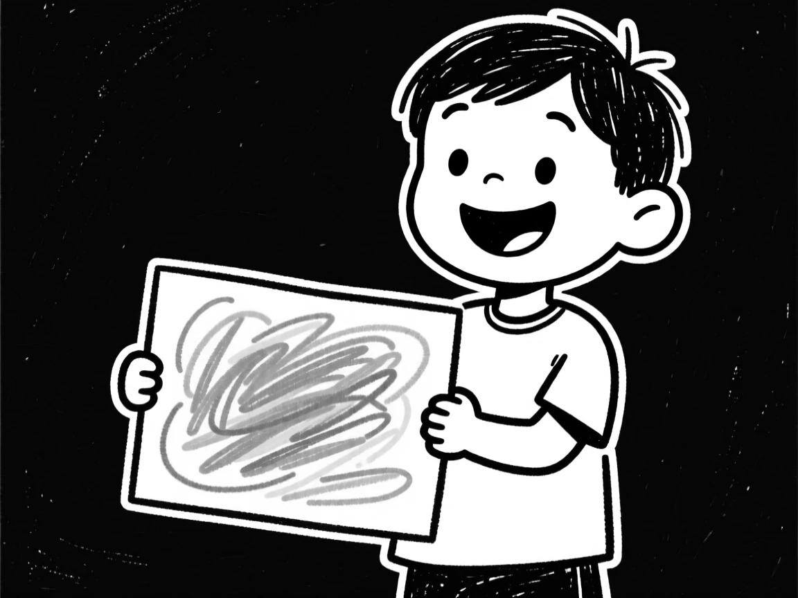A kid proudly displaying a drawing covered in colorful crayon scribbles.