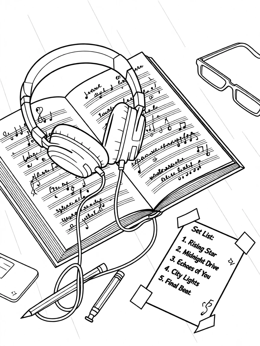 A pair of headphones resting on an open notebook covered in song lyrics, with a set list taped to the floor nearby.