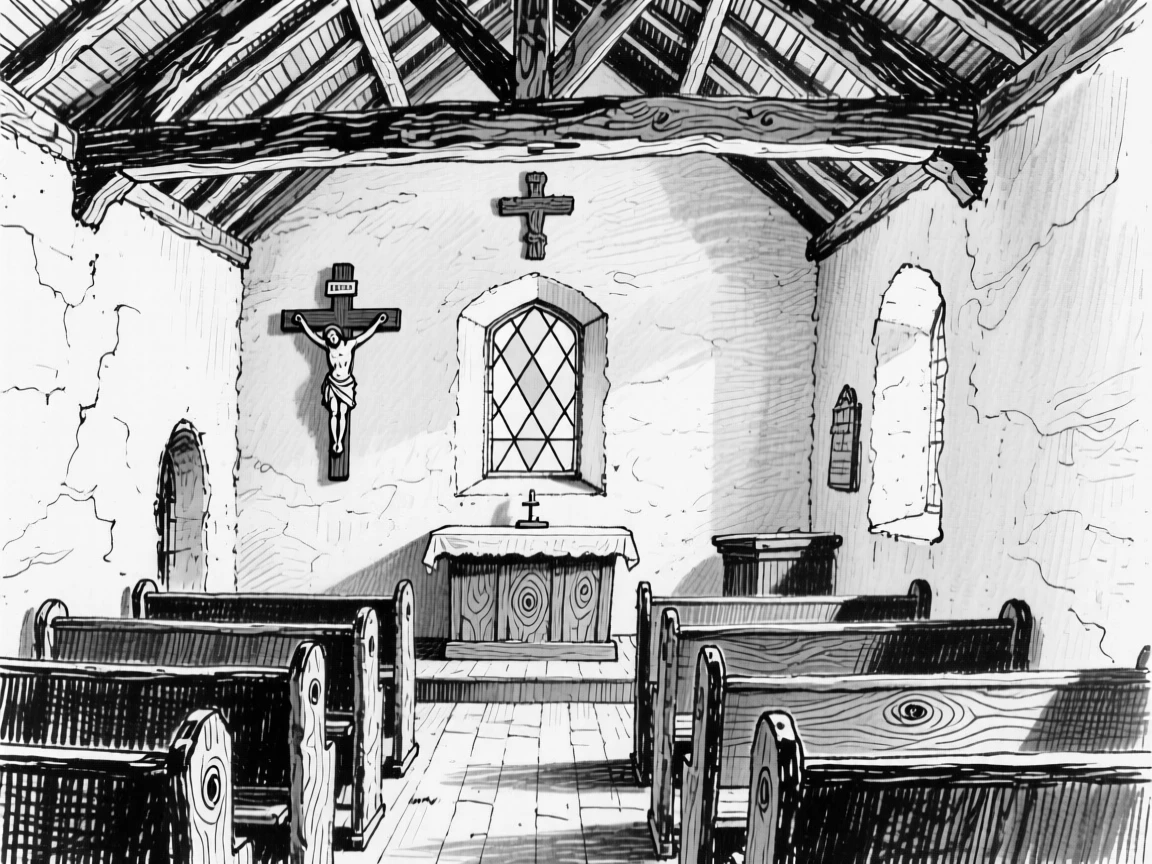 A rustic countryside chapel interior with wooden pews and simple stained glass.