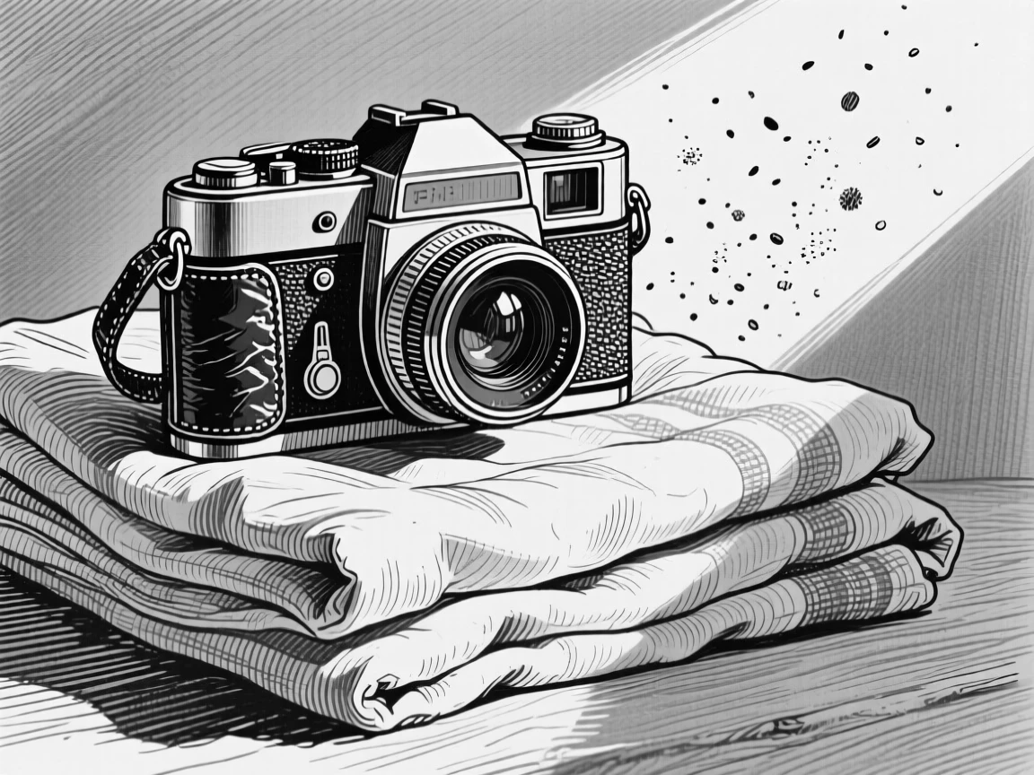 A classic film camera sitting atop a stack of folded linens, with dust motes floating in a sunbeam, forming a full of quiet character still-life study.