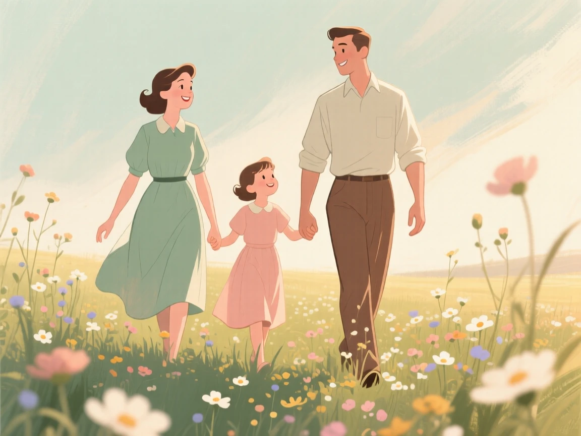 A family walking together through a field of wildflowers