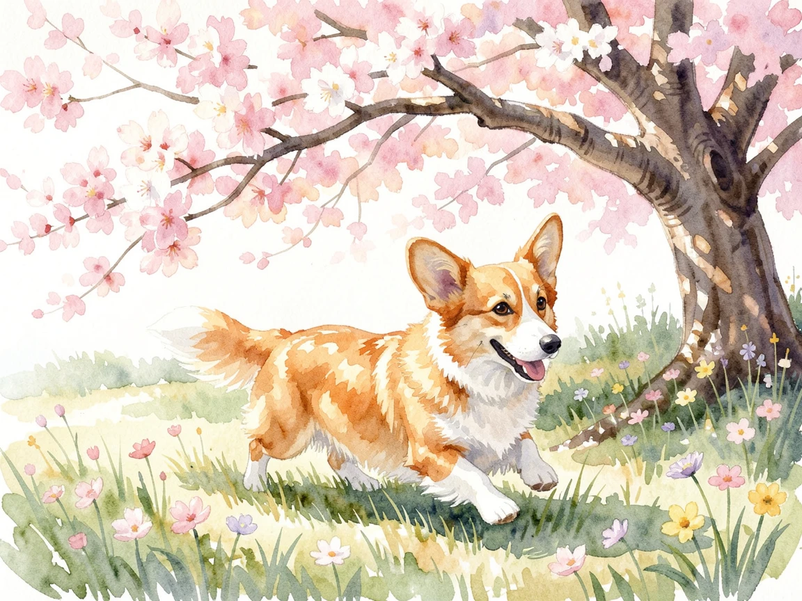 A corgi running through a meadow under a blooming cherry tree.