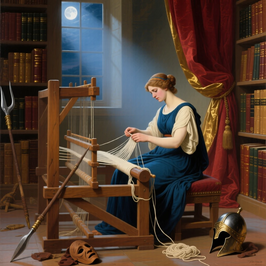 Odysseus's faithful wife Penelope unraveling her weaving by night as if pulled directly from a cherished tale, set within a cozy library filled with worn, beloved books, with painted stage curtains and scattered theatrical props; a diagonal beam of moonlight highlights the pivotal narrative moment, radiating whimsy touched with gentle melancholy.