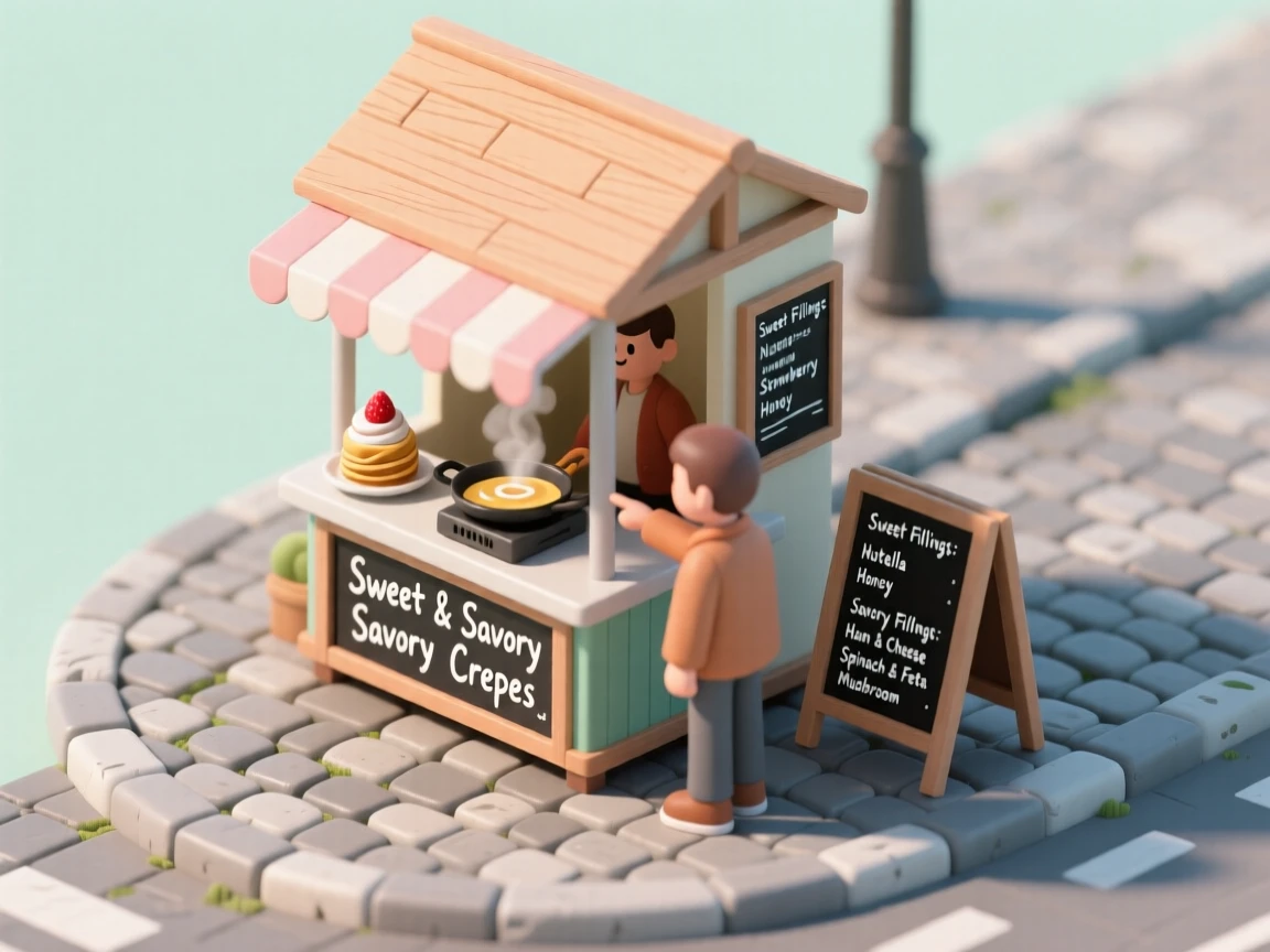 A charming crepe stand on a cobblestone street, batter sizzling on a griddle, and a customer choosing between sweet and savory fillings.