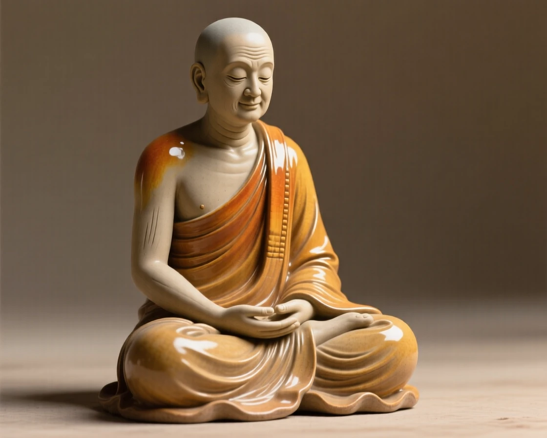 A monk seated in quiet meditation kneeling with quiet, contemplative stillness, illuminated by a warm, golden glow, stirring nostalgia and heartfelt warmth.