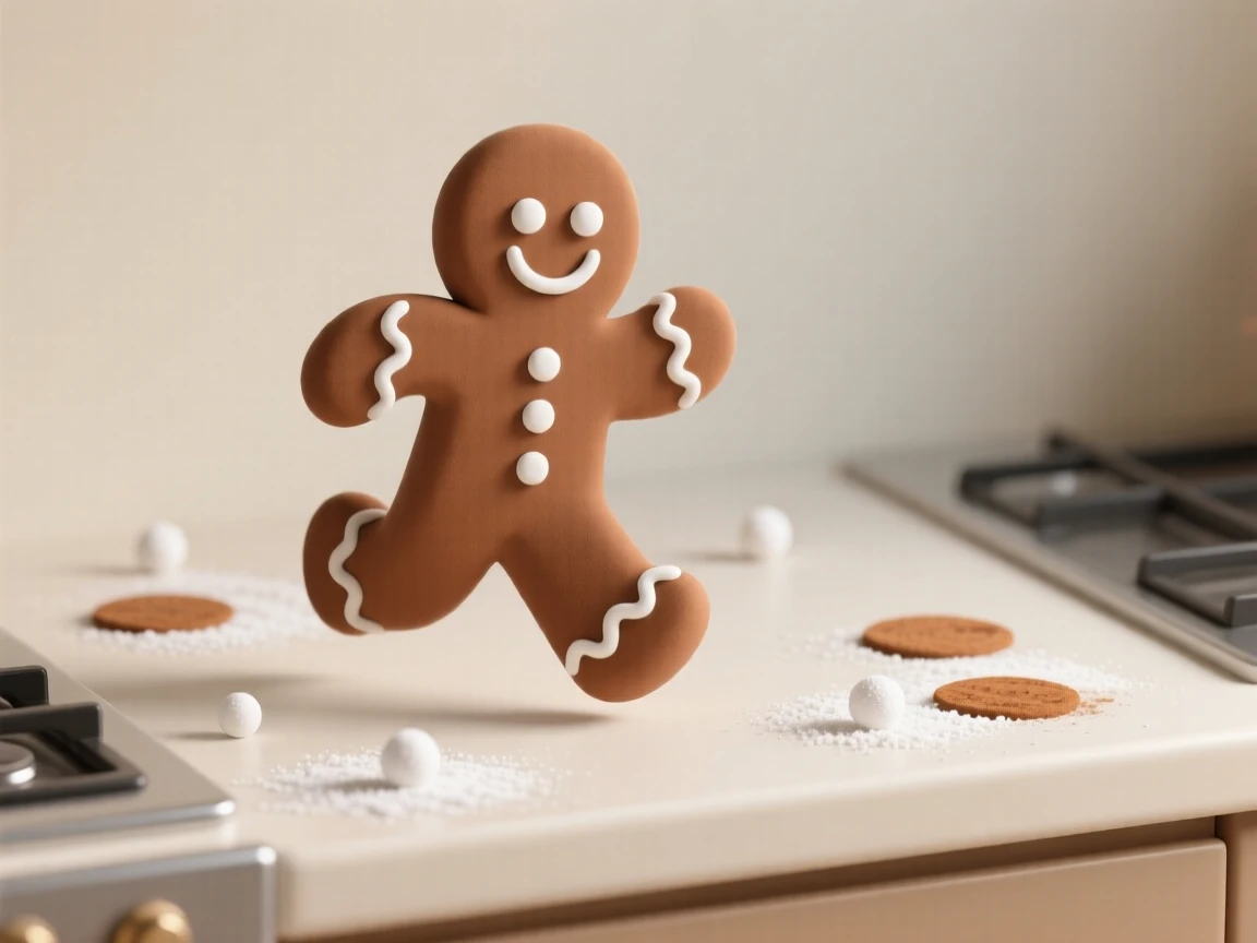 A cheerful gingerbread man runs happily across a kitchen counter dusted with powdered sugar and cinnamon.