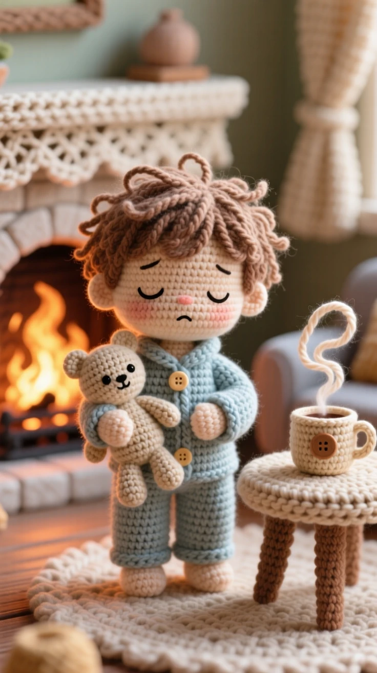 a small child in pajamas, with tousled hair and sleepy eyes, hugging a favorite stuffed toy close, in a warm living room lit by a crackling fireplace, with a steaming mug resting on a small table nearby, radiating gentle contentment in a small daily ritual.